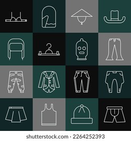 Set line Men underpants, Pants, Asian conical hat, Hanger wardrobe, Winter with ear flaps, Bra and Balaclava icon. Vector