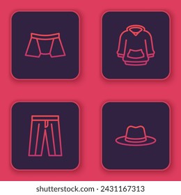 Set line Men underpants, Pants, Hoodie and Man hat. Blue square button. Vector