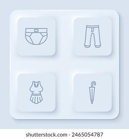 Set line Men underpants, Pants, Undershirt and Umbrella. White square button. Vector