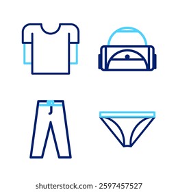 Set line Men underpants, Pants, Sport bag and Long sleeve shirt icon. Vector