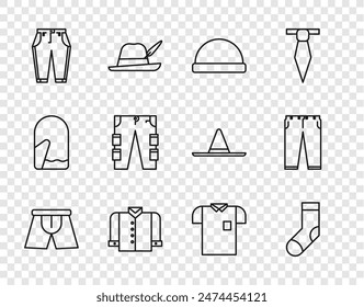 Set line Men underpants, Socks, Beanie hat, T-shirt, Pants, Cargo, Polo and  icon. Vector