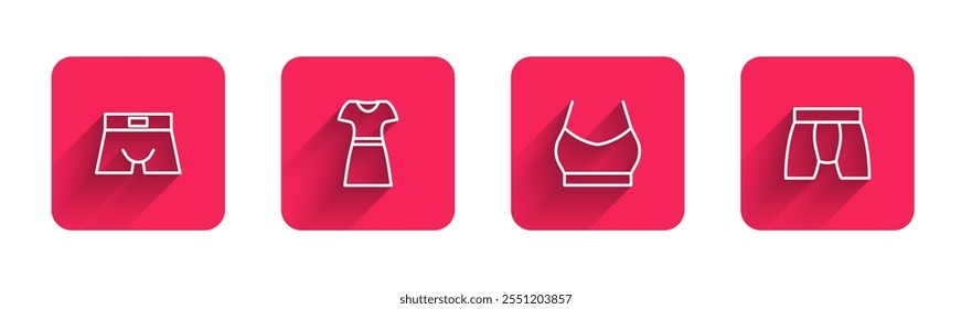 Set line Calzoncillos de hombre, vestido de mujer, crop top femenino y con sombra larga. Botón cuadrado rojo. Vector