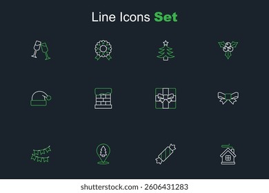Set line Merry Christmas house, Candy, tree, Carnival garland with flags, Gift bow, box, chimney and Santa Claus hat icon. Vector