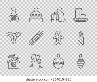 Set line Merry Christmas house, ball, Santa Claus bag gift, Glass of champagne, Snowboard,  and Burning candle icon. Vector