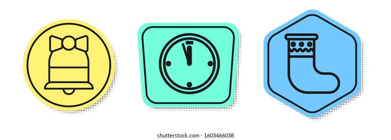 Set line Merry Christmas ringing bell, Clock and Christmas stocking. Colored shapes. Vector