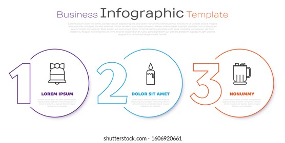 Set line Merry Christmas ringing bell, Burning candle in candlestick and Hot chocolate cup with marshmallows. Business infographic template. Vector