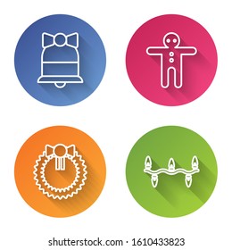 Set line Merry Christmas ringing bell, Holiday gingerbread man cookie, Christmas wreath and Christmas lights. Color circle button. Vector