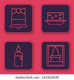 Set line Merry Christmas ringing bell, Burning candle in candlestick, Nougat with nuts and Christmas postcard. Blue square button. Vector