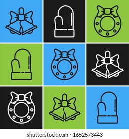 Set line Merry Christmas ringing bell, Christmas wreath and Christmas mitten icon. Vector