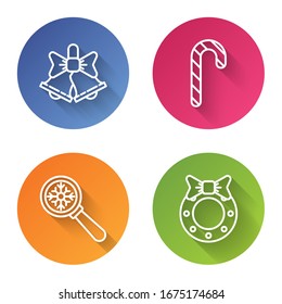 Set line Merry Christmas ringing bell, Christmas candy cane with stripes, Magnifying glass with snowflake and Christmas wreath. Color circle button. Vector