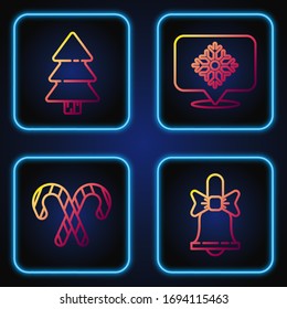 Set line Merry Christmas ringing bell, Christmas candy cane with stripes, Christmas tree and Snowflake with speech bubble. Gradient color icons. Vector