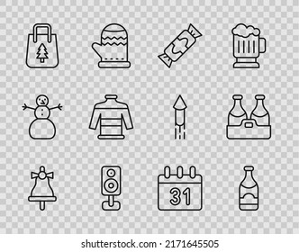 Set line Merry Christmas ringing bell, Champagne bottle, Candy, Stereo speaker, shopping bag, sweater, Calendar and  icon. Vector