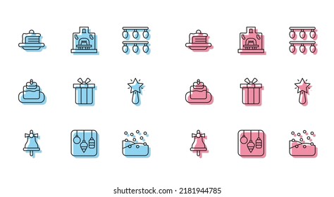 Fijar línea Merry Christmas timbre, luces, pastel, nevada, caja de regalo, estrella e icono de la chimenea interior. Vector
