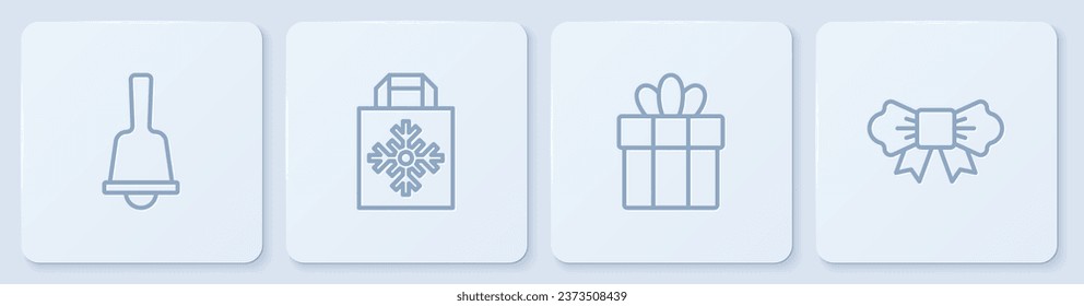 Set line Merry Christmas ringing bell, Gift box, shopping bag and Bow tie. White square button. Vector