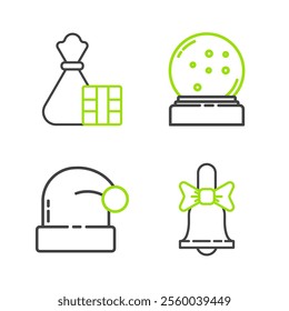 Set line Merry Christmas ringing bell, Santa Claus hat, snow globe with fallen snow and Gift box and bag icon. Vector