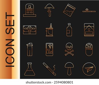 Set line Messenger, Medicine pill or tablet, Cigarettes pack box, Plastic bag of drug, Electronic cigarette, Stacks paper money cash, Tombstone with RIP written and Alcohol drink bottle icon. Vector