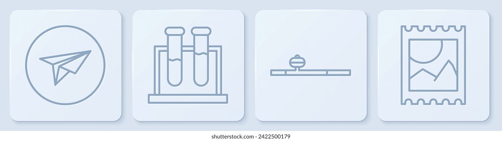 Ajuste la línea Messenger, tubería de opio, tubo de ensayo y matraz y marca de ácido LSD. Botón cuadrado blanco. Vector