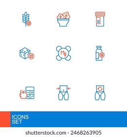 Set line Metabolism, Women waist, Calorie calculator, Lactose intolerance, No sugar free, Magnesium, Vitamins and Salad bowl icon. Vector