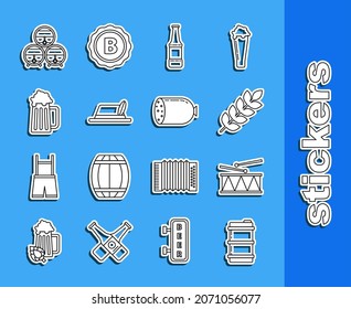 Set line Metal beer keg, Cereals set with rice, wheat, corn, oats, rye, barley, Beer bottle, Oktoberfest hat, Wooden mug, barrel on rack stopcock and Salami sausage icon. Vector