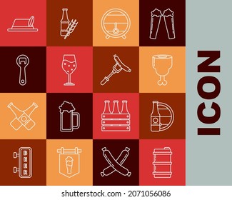 Set line Metal beer keg, Beer bottle and wooden barrel, Chicken leg, Wooden on rack with stopcock, Glass of, Bottle opener, Oktoberfest hat and Sausage the fork icon. Vector