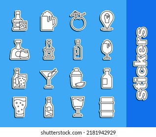 Set line Metal beer keg, Glass bottle of vodka, Coconut cocktail, Whiskey, and glass,  and Wine icon. Vector