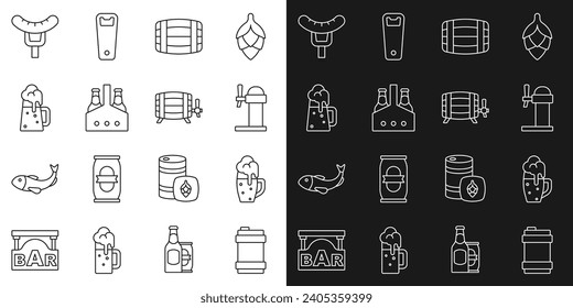 Set line Metal beer keg, Glass of, Dispenser, Wooden barrel, Pack bottles, mug, Sausage on the fork and  icon. Vector