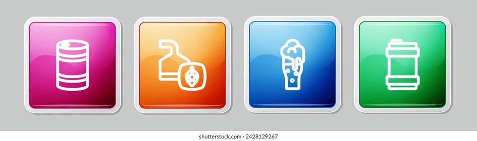 Set line Metal beer keg, Beer brewing process, Glass of and . Colorful square button. Vector