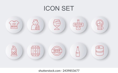 Set line Metal beer keg, Bottle opener, Glass of, Plastic bottle, Beer T-shirt, Happy man with, Wooden barrel and cap icon. Vector