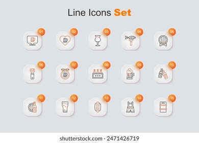 Set line Metal beer keg, Lederhosen, Hotdog sandwich, Glass of, Beer bottle wooden barrel, Wooden mug and Pack bottles icon. Vector