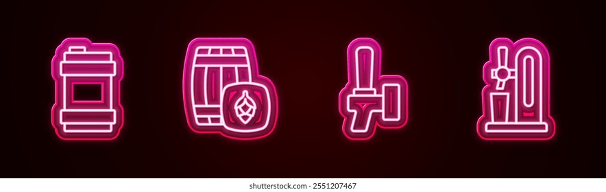 Set Linie Metall Bierfass, Holzfass, Bierhahn und mit Glas. Leuchtendes Neonsymbol. Vektorgrafik