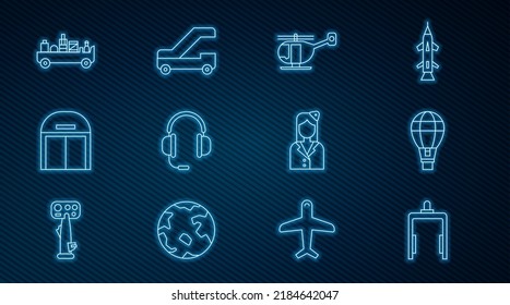 Set line Metal detector in airport, Hot balloon, Helicopter, Headphones with microphone, Aircraft hangar, Airport luggage towing truck, Stewardess and Passenger ladder for plane boarding icon. Vector
