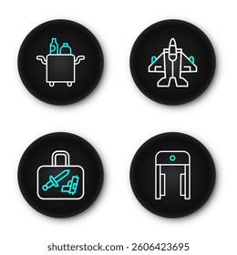 Set line Metal detector in airport, Suitcase, Jet fighter and Trolley for food icon. Vector