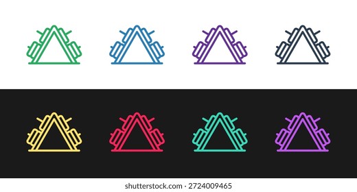Definir linha Rack de metal com pesos adicionais para ícone de sino de barra isolado no fundo preto e branco. Bodybuilding, fitness, esporte, conceito de estilo de vida saudável.  Vetor