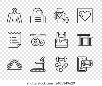 Ajuste la línea de rack de metal con peso, aplicación Fitness, corazón de reloj inteligente, máquina Treadmill, Hoodie, Barbell, campana de dopaje deportivo e icono de barras desiguales. Vector