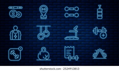 Set line Metal rack with weight, Dumbbell, Gymnastic rings, Bodybuilder, Barbell, Treadmill machine and Location gym icon. Vector