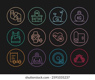 Set line Metal rack with weight, Fitness mat roll, Stationary bicycle, Smart watch heart, Sweaty sleeveless t-shirt, Socks, Heart rate and Gym building icon. Vector