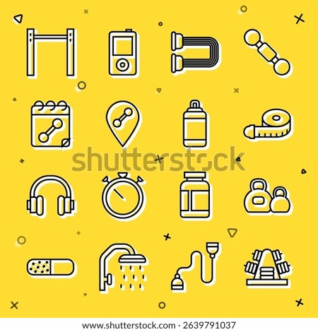 Set line Metal rack with weights, Kettlebell, Tape measure, Chest expander, Location gym, Calendar fitness, Horizontal bar and Punching bag icon. Vector