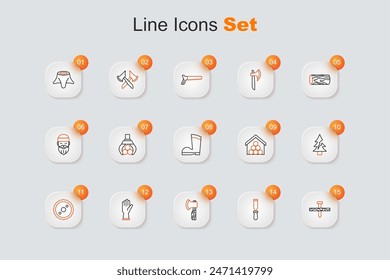 Set line Metallic nail, Chisel tool, Wooden axe, Protective gloves, Circular saw blade, Tree, logs and Waterproof rubber boot icon. Vector