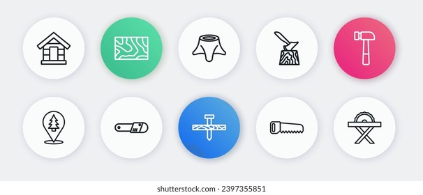 Set line Metallic nail, Hammer, Location of the forest, Hand saw, Wooden axe in stump, Tree, Electric circular and Chainsaw icon. Vector