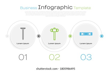 Set line Metallic nail, Sledgehammer and Construction bubble level. Business infographic template. Vector