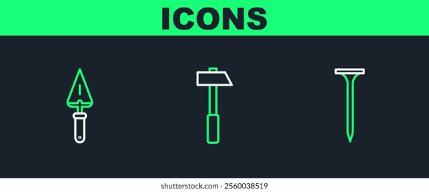 Set line Metallic nail, Trowel and Hammer icon. Vector