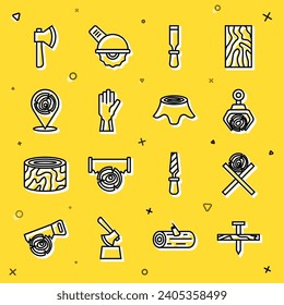 Set line Metallic nail, Wooden logs on stand, Grapple crane grabbed, Chisel tool, Protective gloves, axe and Tree stump icon. Vector
