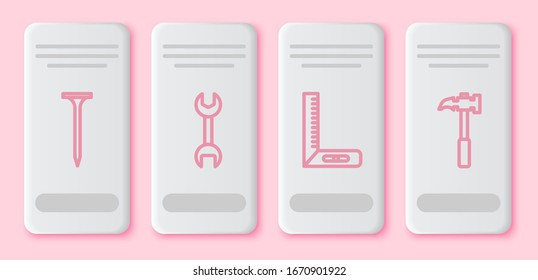 Set line Metallic nail, Wrench spanner, Corner ruler and Claw hammer. White rectangle button. Vector