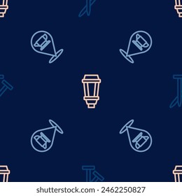 Set line Metallic nails, Blacksmith anvil tool and Garden light lamp on seamless pattern. Vector
