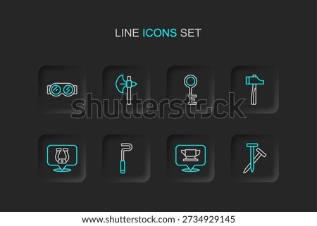 Set line Metallic nails, Blacksmith anvil tool, Fire poker, Horseshoe, Hammer, Old key, Medieval axe and Welding glasses icon. Vector