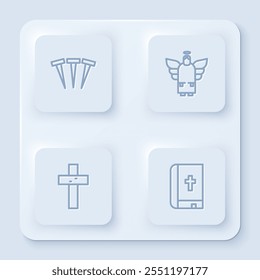 Set line Metallic nails, Christmas angel, Christian cross and Holy bible book. White square button. Vector