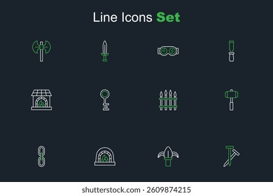 Set line Metallic nails, Classic iron fence, Blacksmith oven, Chain link, Sledgehammer, Old key and  icon. Vector