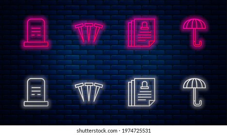 Set line Metallic nails, Death certificate, Grave with tombstone and Umbrella. Glowing neon icon on brick wall. Vector