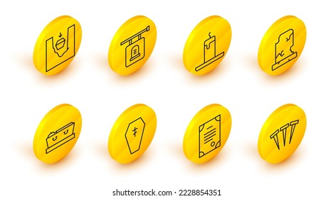 Set line Metallic nails, Death certificate, Coffin with cross, dead, Old grave tombstone, Burning candle, Signboard and  icon. Vector