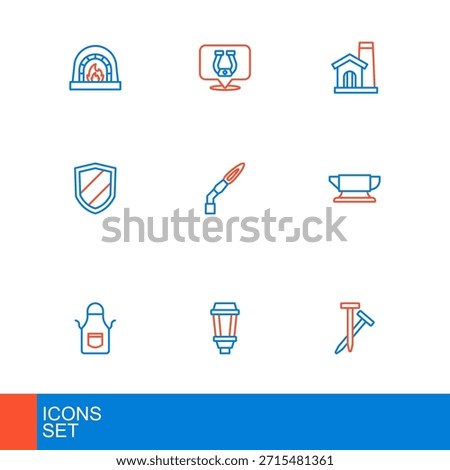Set line Metallic nails, Garden light lamp, Blacksmith apron, anvil tool, Shield, Welding torch, Smithy workshop interior and Horseshoe icon. Vector
